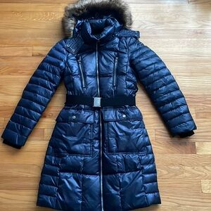 Andrew Marc Navy Belted Parka Down Coat Fur Hood Size XS‎